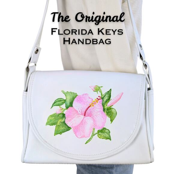 VTG 80s The Original Florida Keys White Pink Hibiscus Flower Shoulder Bag Purse - Picture 1 of 13